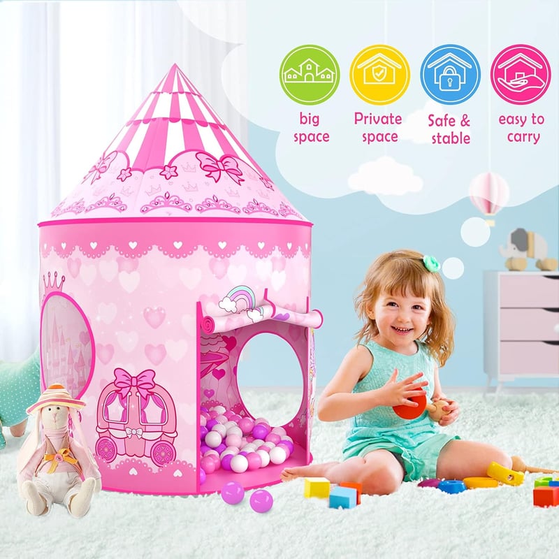 Pink Princess Tent Playhouse with Ball Pit & Crawl Tunnel for Kids