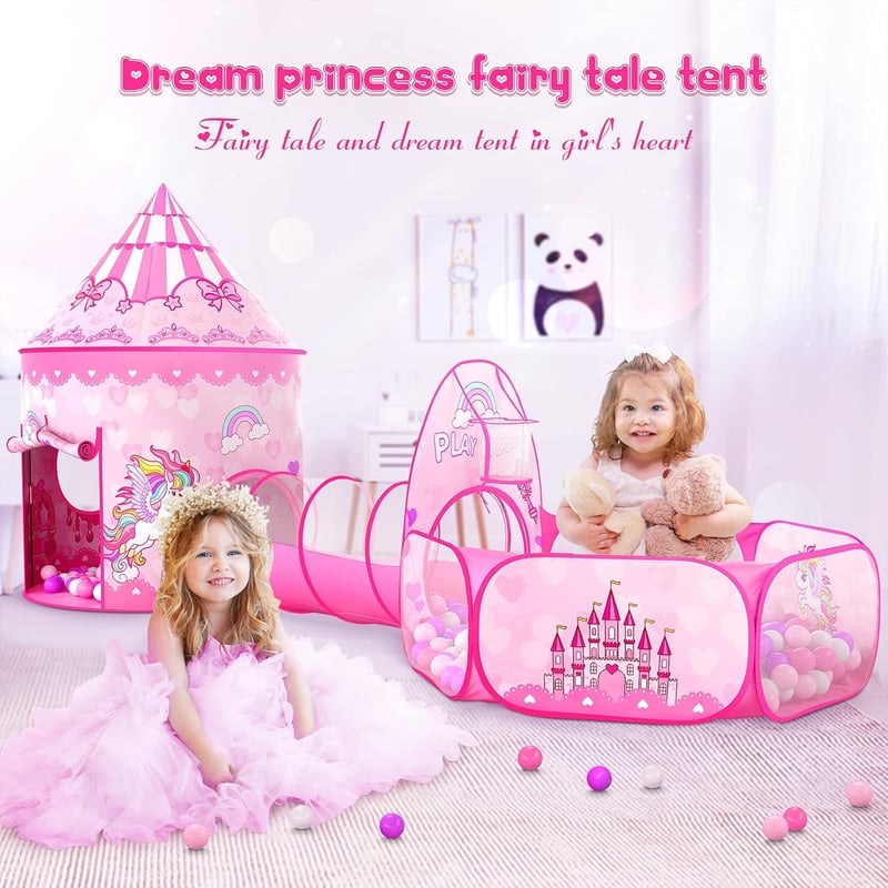Pink Princess Tent Playhouse with Ball Pit & Crawl Tunnel for Kids