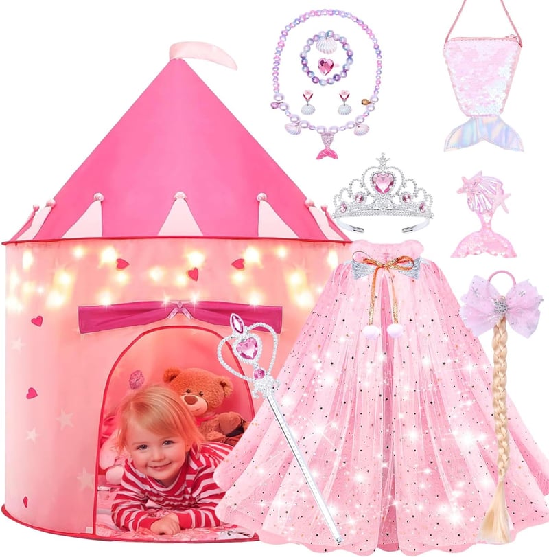 Pink Castle Play Tent Set with LED Lights for Little Girls