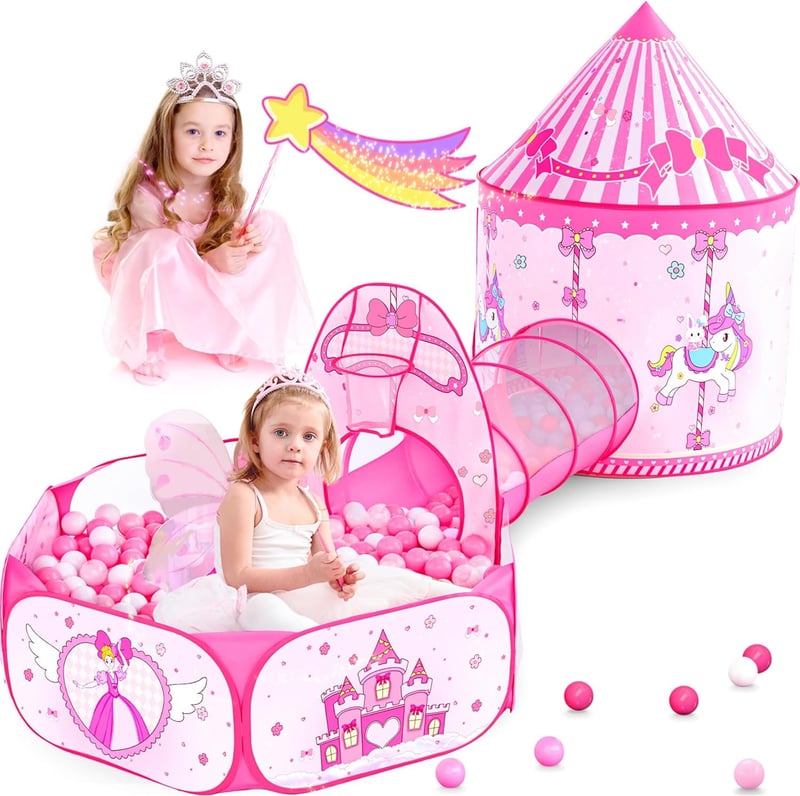 3-in-1 Pink Princess Play Tent with Tunnel & Ball Pit for Kids