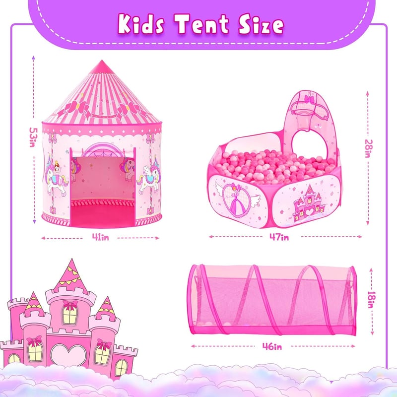 3-in-1 Pink Princess Play Tent with Tunnel & Ball Pit for Kids