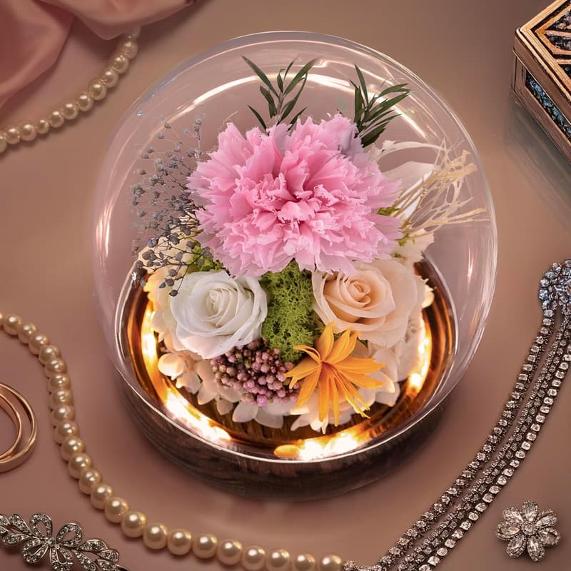 Preserved Rose in Glass Dome with Light - Long Lasting Flower Gift for Women