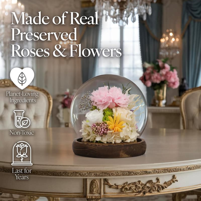 Preserved Rose in Glass Dome with Light - Long Lasting Flower Gift for Women