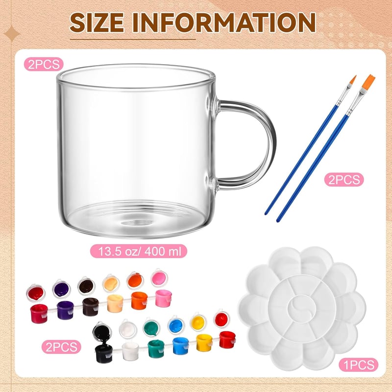DIY Mug Painting Kit - 2 Mugs, 12 Colors, and Brushes