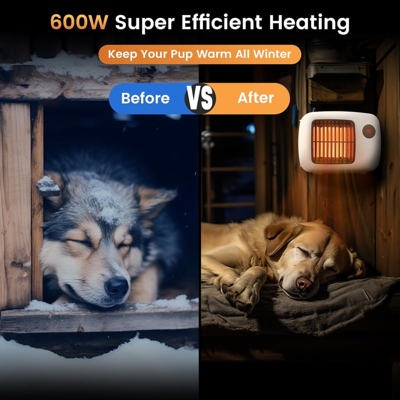 Outdoor Dog House Heater with Thermostat - 600W, Safe & Insulated