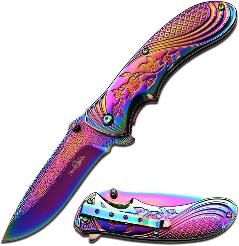 Rainbow TiNite Folding Pocket Knife with Stamped Rose Design