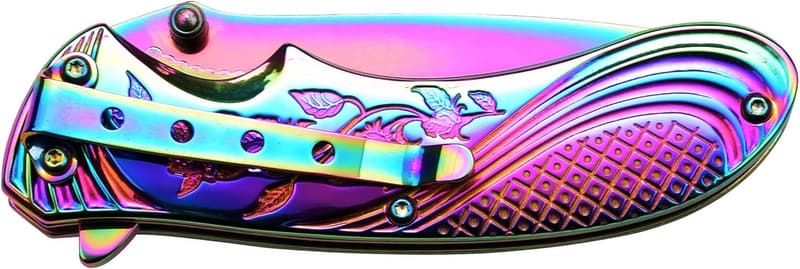 Rainbow TiNite Folding Pocket Knife with Stamped Rose Design
