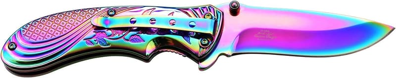 Rainbow TiNite Folding Pocket Knife with Stamped Rose Design