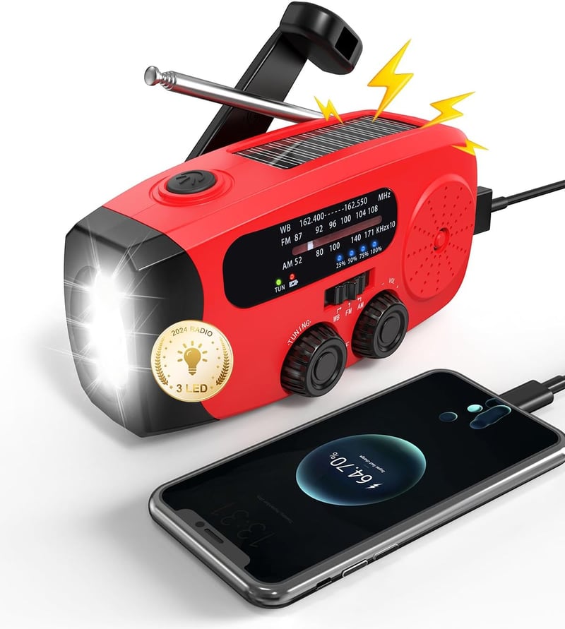 Emergency Hand Crank Radio with Solar & LED Flashlights - Red