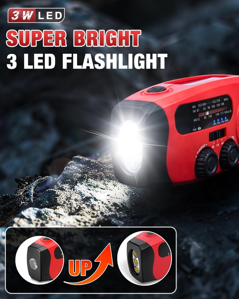 Emergency Hand Crank Radio with Solar & LED Flashlights - Red