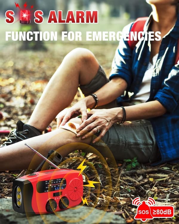Emergency Hand Crank Radio with Solar & LED Flashlights - Red