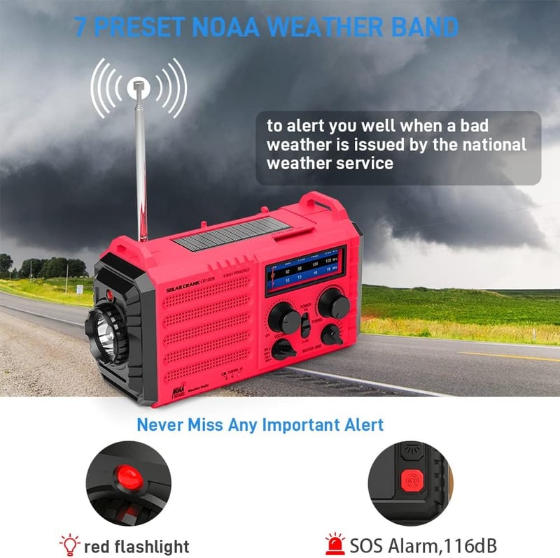 Portable Emergency Weather Radio with Solar, Hand Crank, NOAA Alert