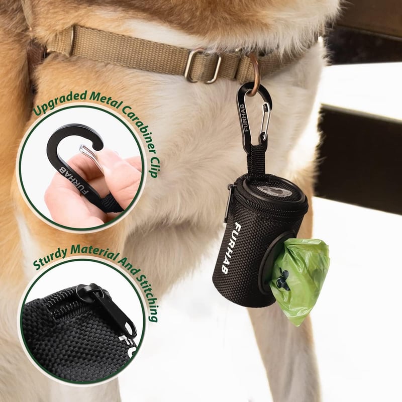 Dog Poop Bag Holder - Soft Fabric Zipper Pouch with Carabiner, Black