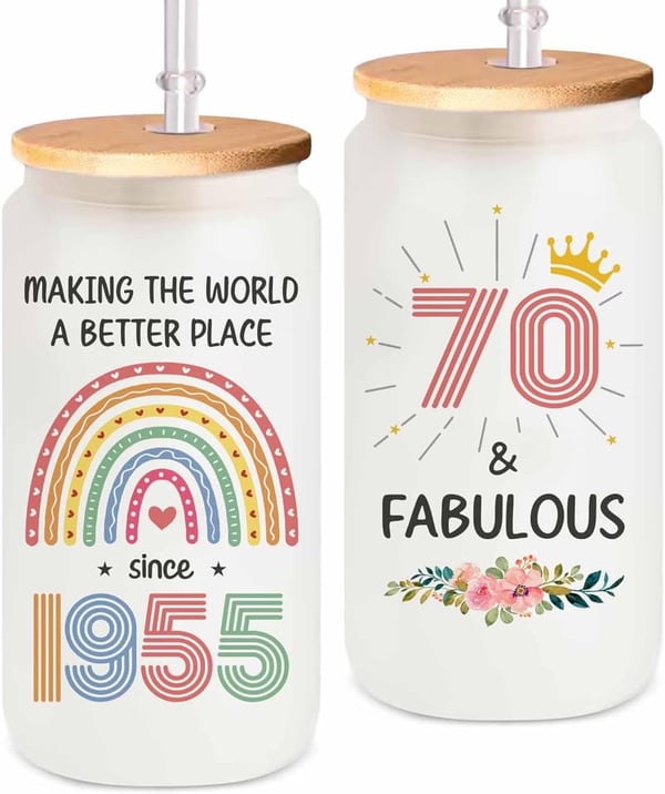70th Birthday Coffee Glass with Bamboo Lid and Straw