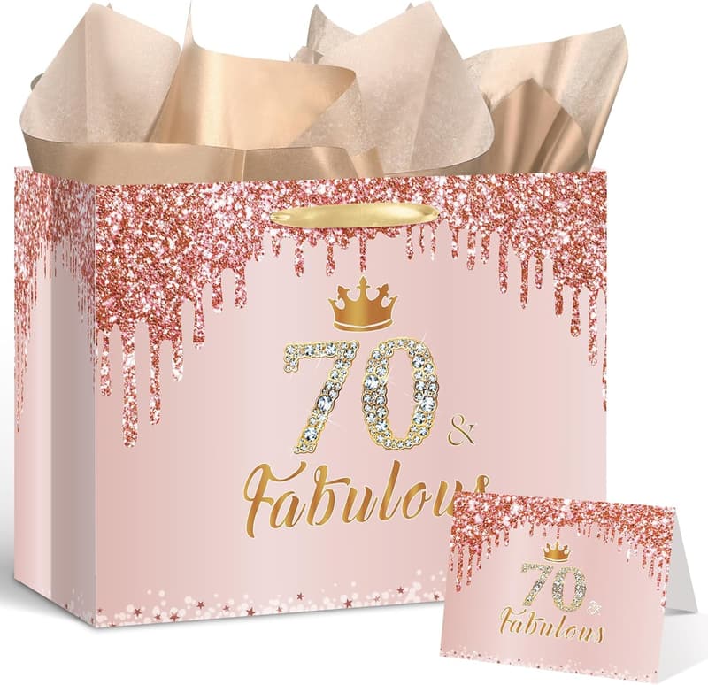70th Birthday Gift Bag - Rose Gold, Large, with Card & Wrapping