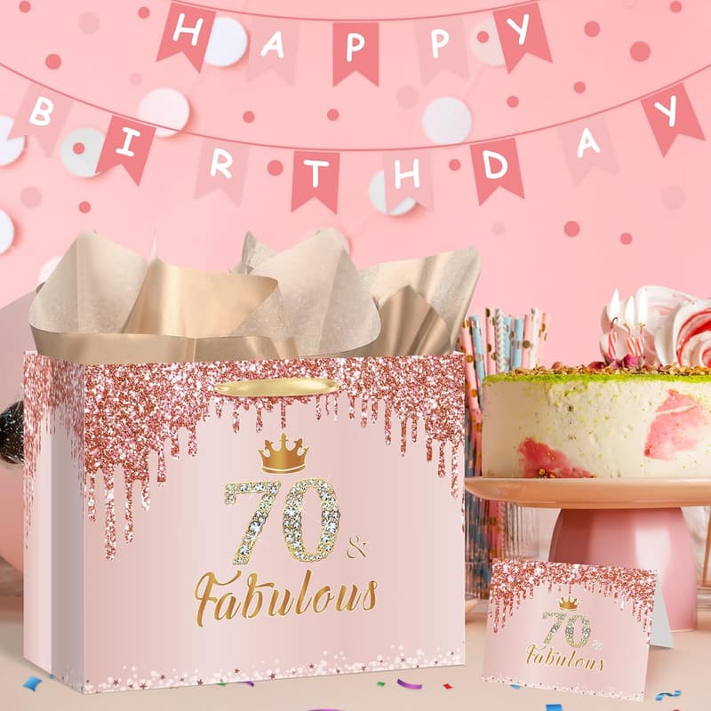 70th Birthday Gift Bag - Rose Gold, Large, with Card & Wrapping