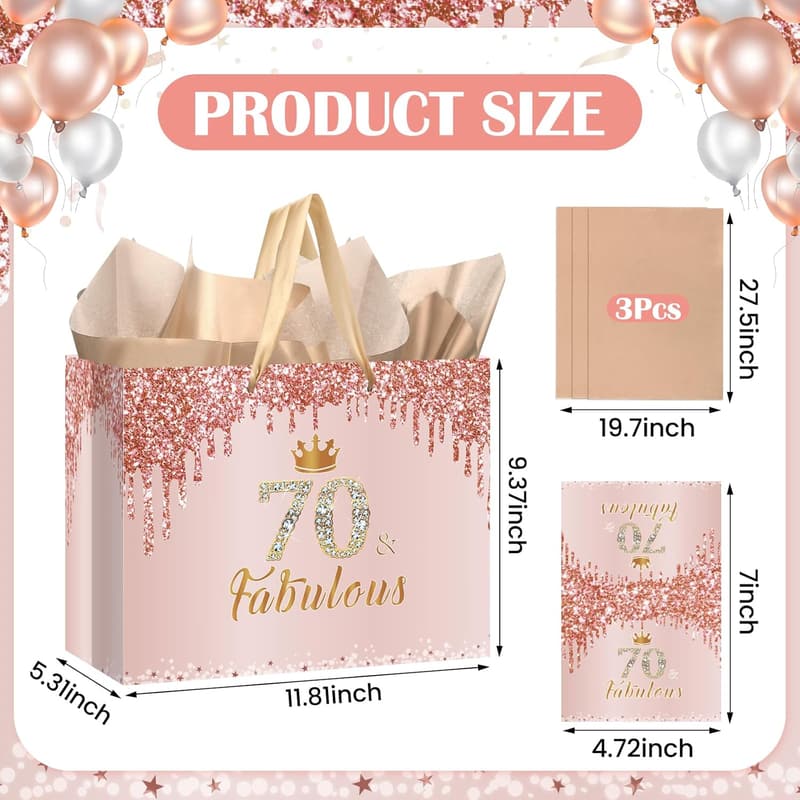 70th Birthday Gift Bag - Rose Gold, Large, with Card & Wrapping