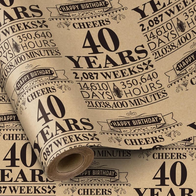 40th Birthday Wrapping Paper Roll, Mini Kraft Design, 17” x 16.4’
