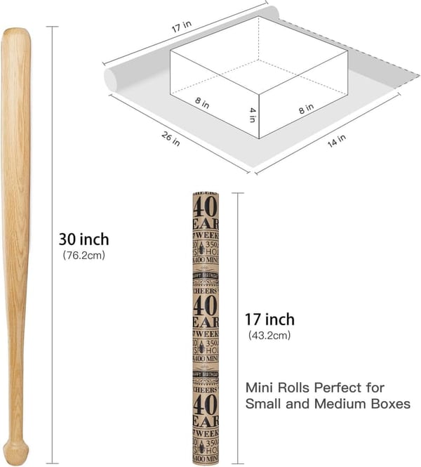 40th Birthday Wrapping Paper Roll, Mini Kraft Design, 17” x 16.4’