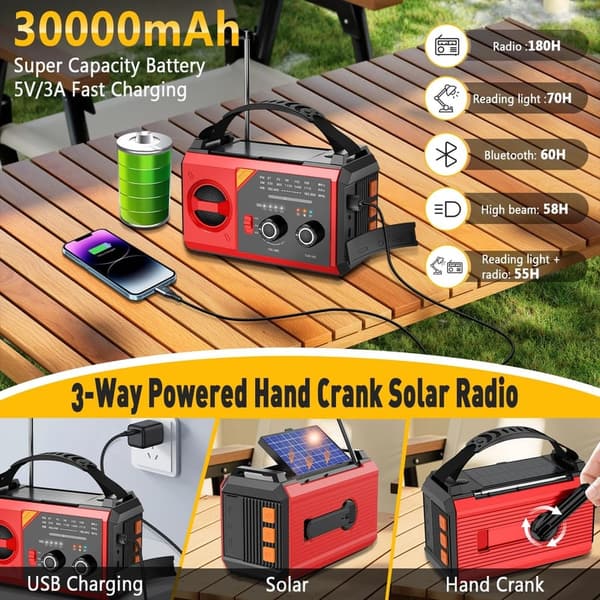 Emergency Weather Radio 30000mAh with Flashlight & Phone Charger