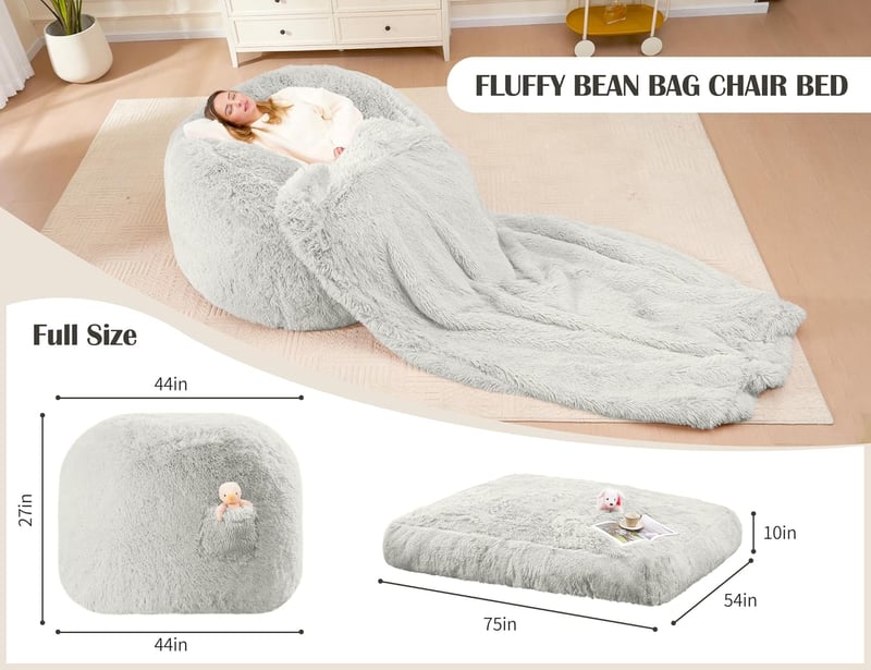 Large Light Gray Bean Bag Bed Sofa Chair for Adults