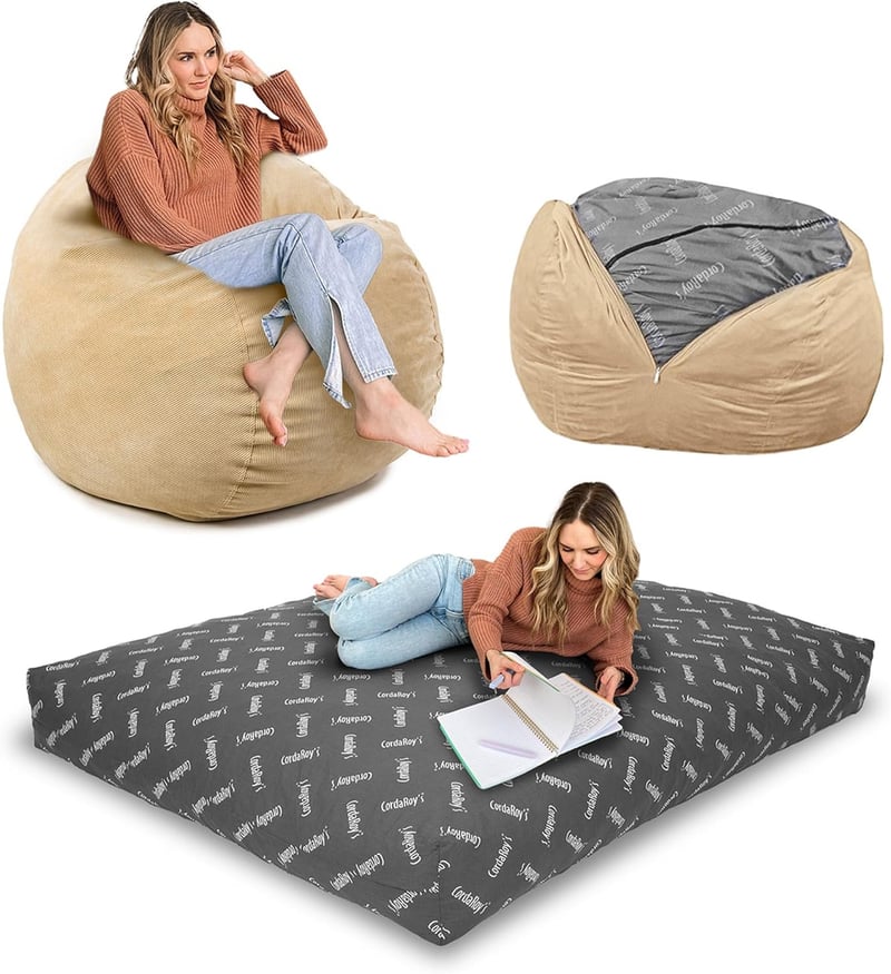 Convertible King Size Corduroy Bean Bag Chair & Bed - Khaki