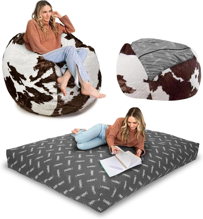 Faux Fur Queen Bean Bag Chair & Bed - Washable, Cow Print