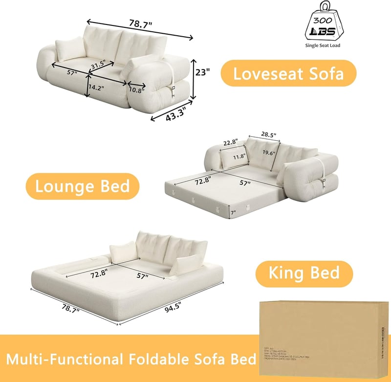 Beige 3-in-1 King Foldable Sofa Bed for Living Room