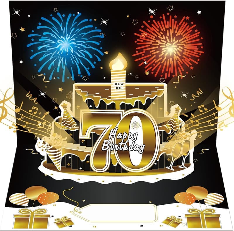 70th Birthday Pop-Up Card with Music & Cake