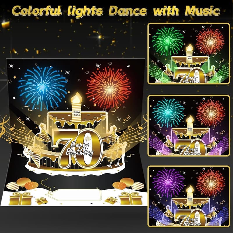 70th Birthday Pop-Up Card with Music & Cake