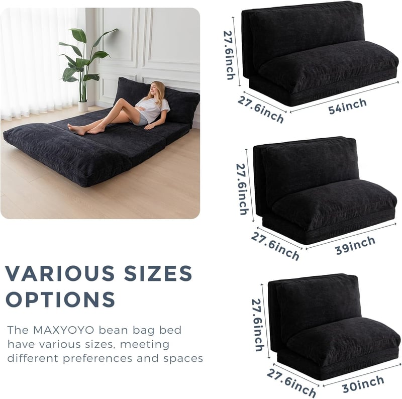 Black Extra Thick Bean Bag Sofa Bed for Adults, 39x95 Inch
