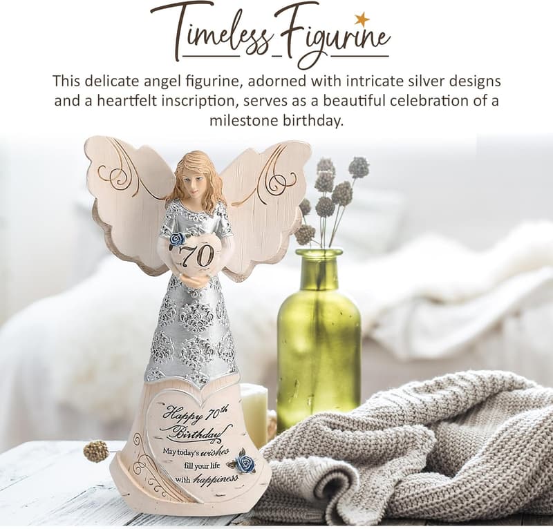 70th Birthday Polyresin Angel Figurine - Silver Keepsake Gift