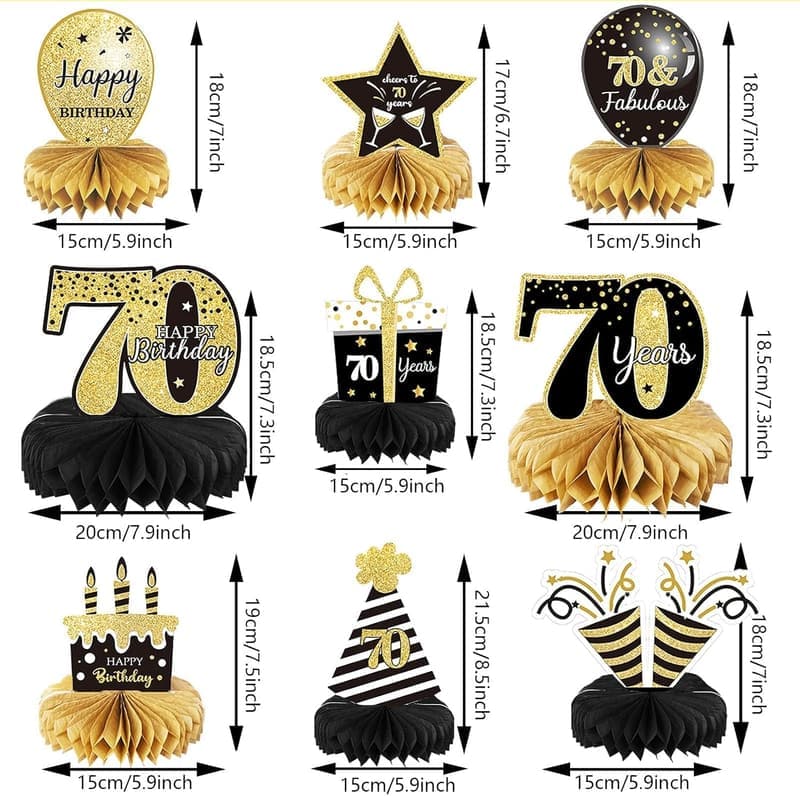 70th Birthday Decorations - 9-Piece Honeycomb Centerpieces