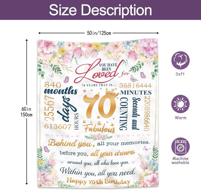 70th Birthday Blanket Gift for Women, 60” x 50”