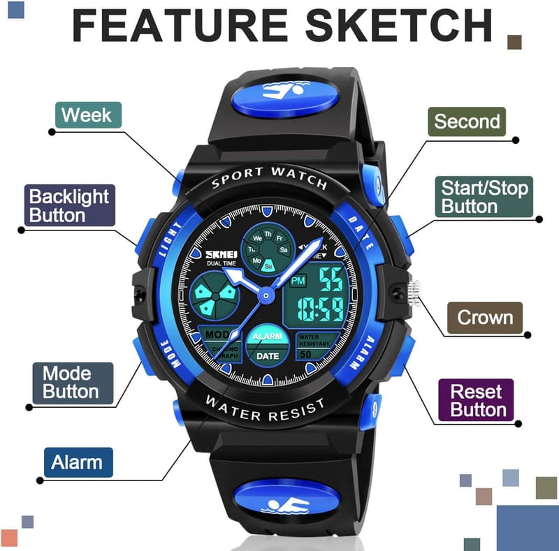 Kids' Waterproof LED Multi-Function Watch