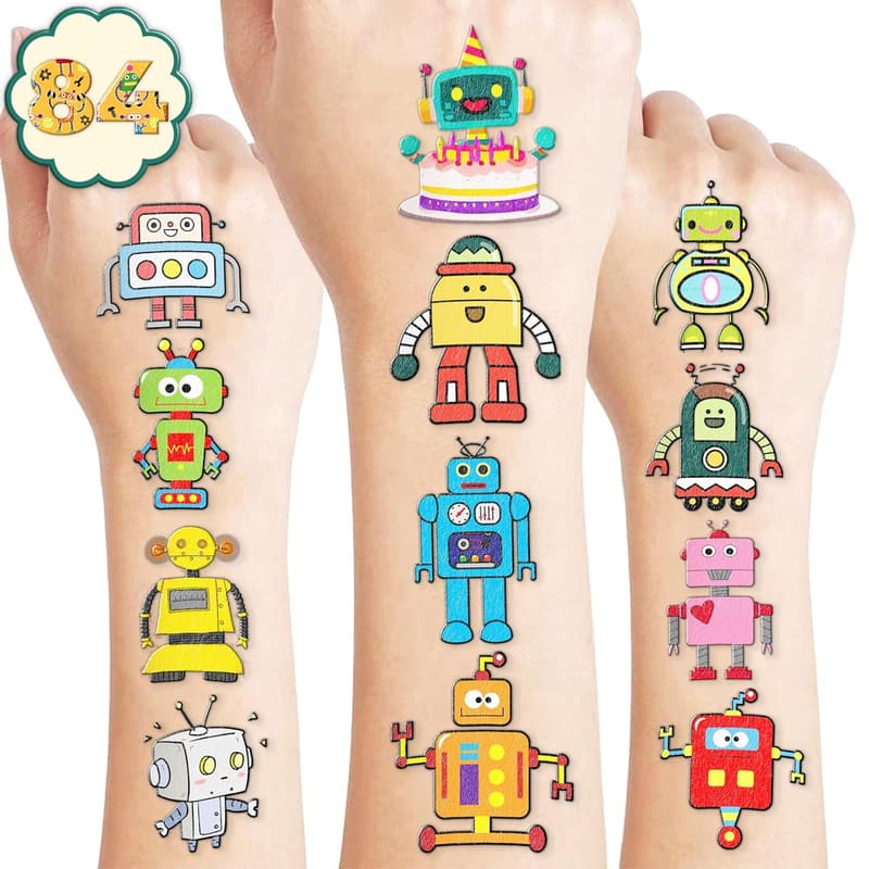 Robot Party Temporary Tattoos - 8 Sheets, 84 PCS for Kids