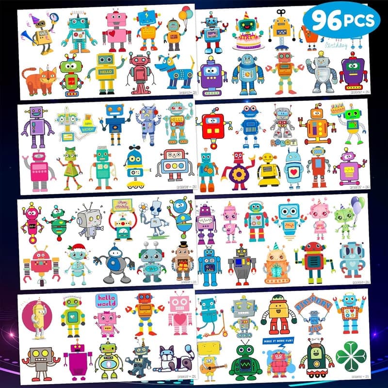 Robot Party Temporary Tattoos - 8 Sheets, 84 PCS for Kids