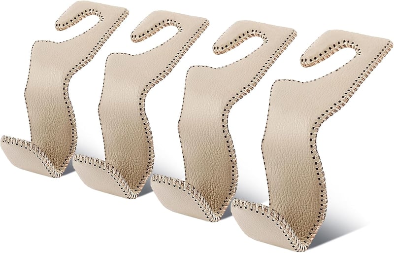 Car Seat Hooks for Bags - 4-Pack Leather Beige Holders