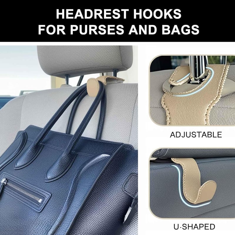 Car Seat Hooks for Bags - 4-Pack Leather Beige Holders