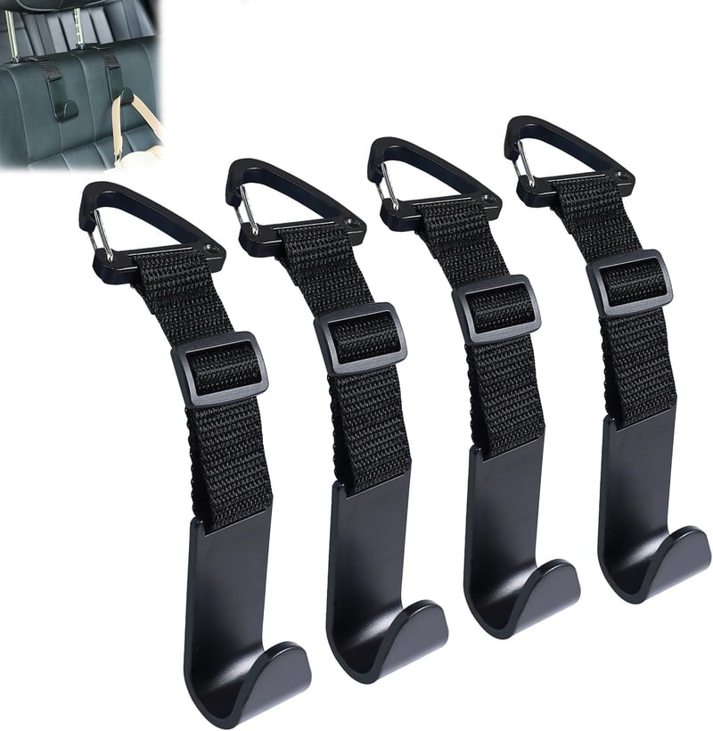 Car Headrest Hooks - Adjustable Universal Fit Black (4-Pack)
