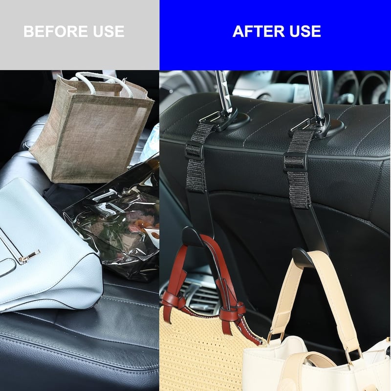 Car Headrest Hooks - Adjustable Universal Fit Black (4-Pack)