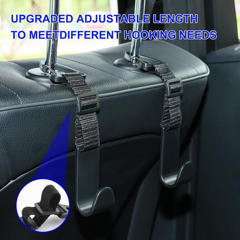 Car Headrest Hooks - Adjustable Universal Fit Black (4-Pack)