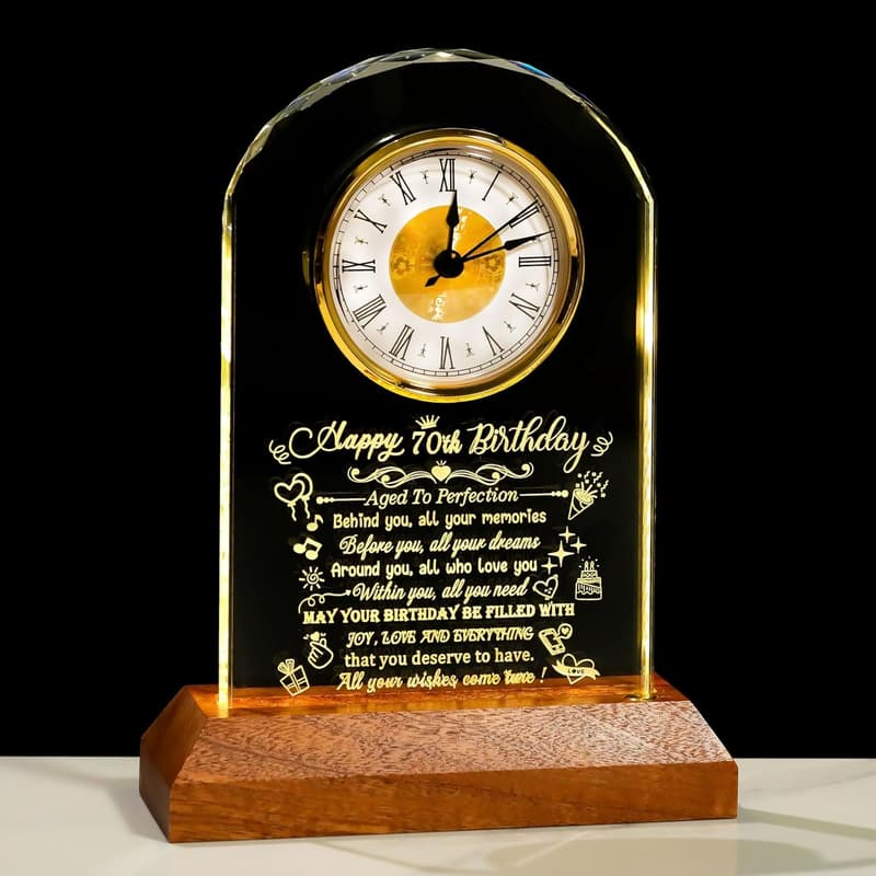 70th Birthday Crystal Clock Gift with LED Base for Couples
