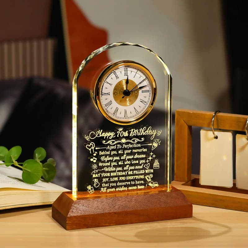 70th Birthday Crystal Clock Gift with LED Base for Couples