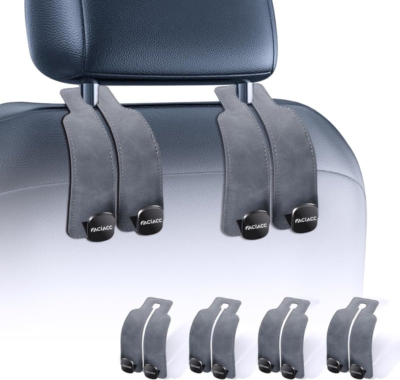 Universal Car Headrest Hooks - 4 Pack Grey Purse Holders