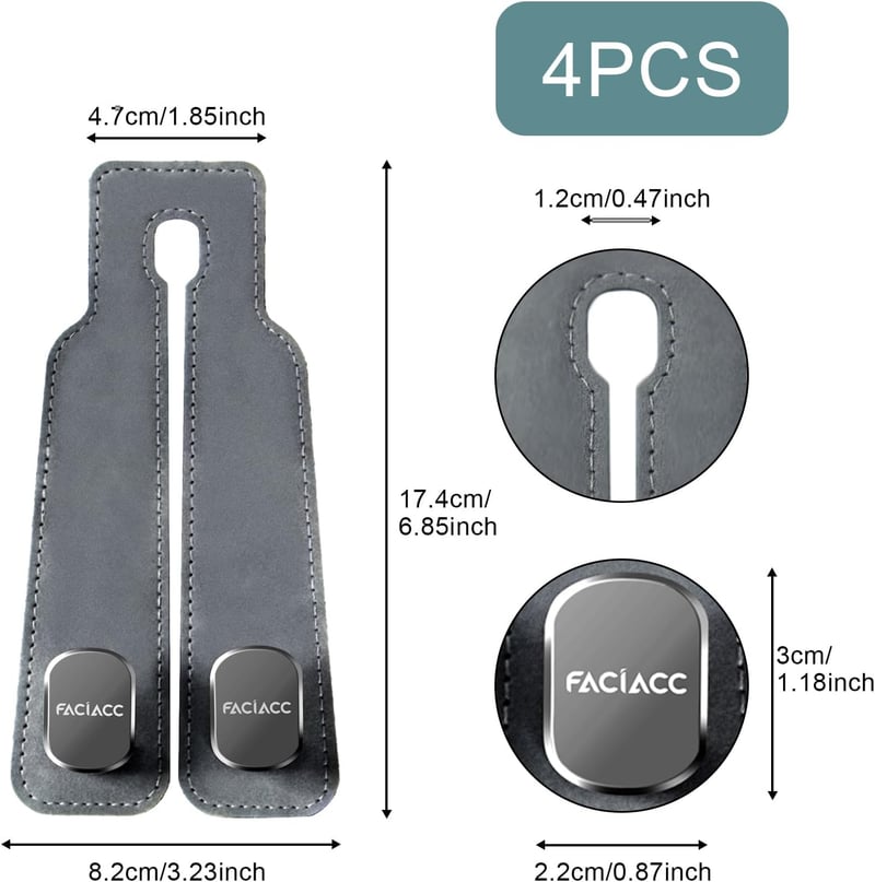 Universal Car Headrest Hooks - 4 Pack Grey Purse Holders