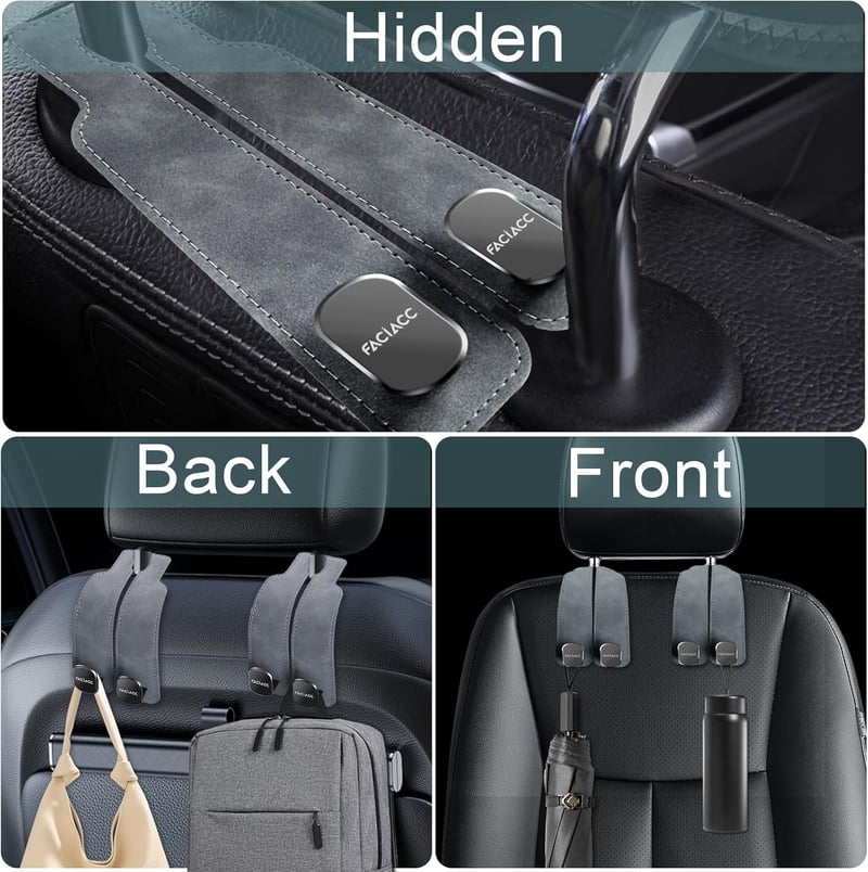 Universal Car Headrest Hooks - 4 Pack Grey Purse Holders
