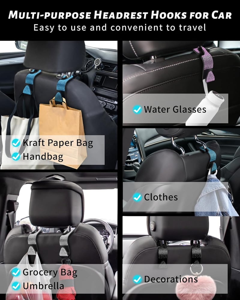 Chic Car Headrest Hooks for Women - 4 Pack White Purse Holders