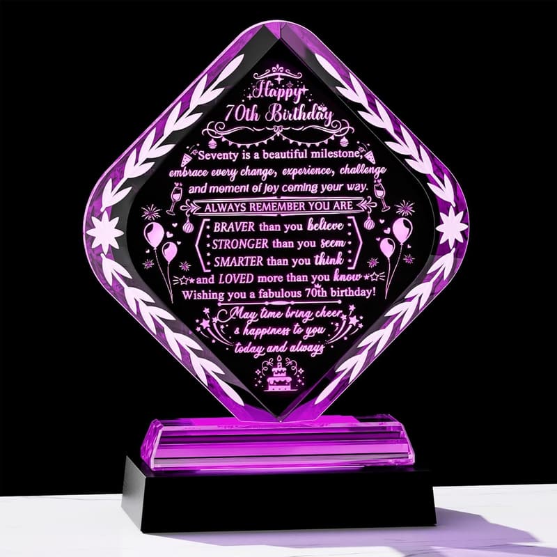 70th Birthday Crystal Keepsake with LED Light Base