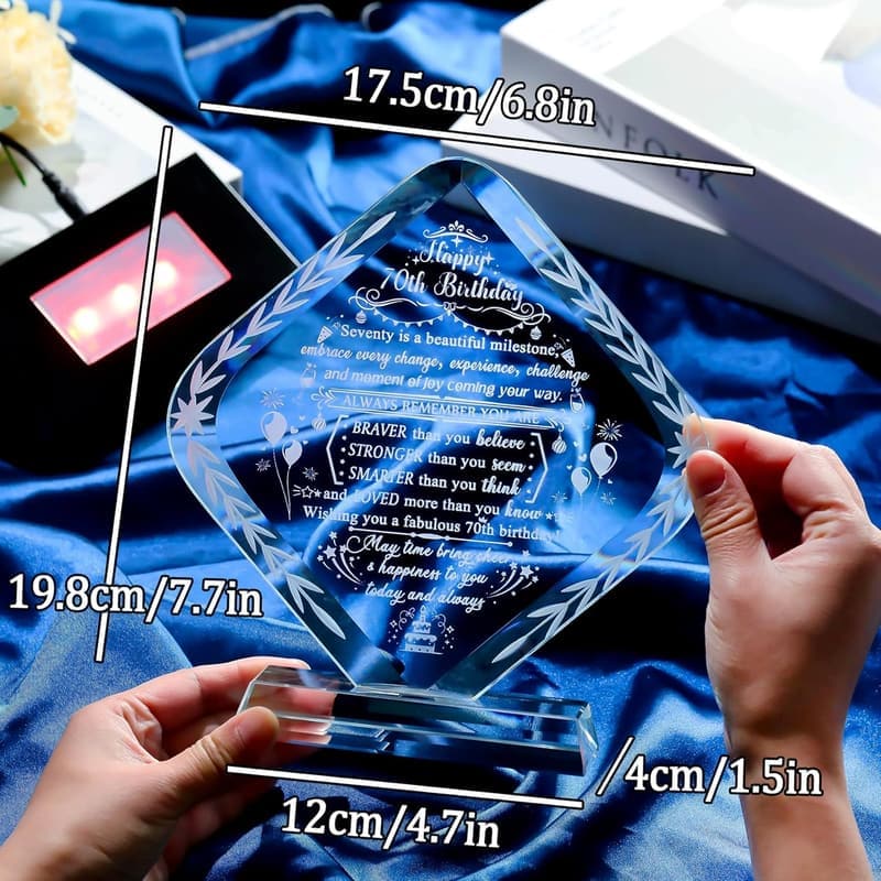 70th Birthday Crystal Keepsake with LED Light Base